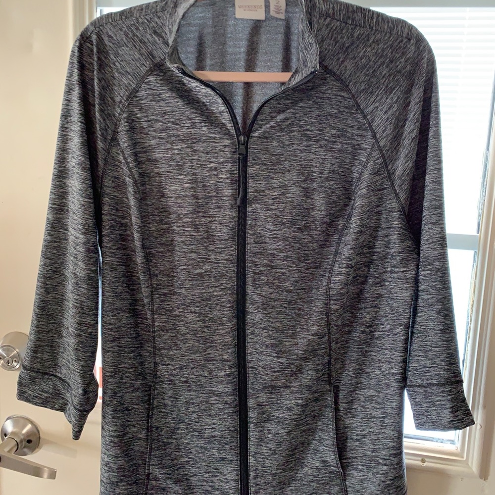 Weekends by Chico’s Polyester/Spandex Jacket, size 2, gray/black design